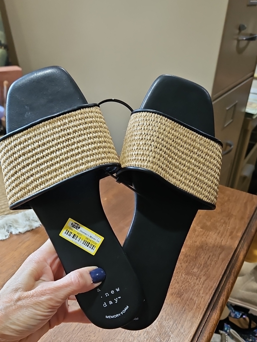 a new day Black Slide Sandals with Natural Woven Strap